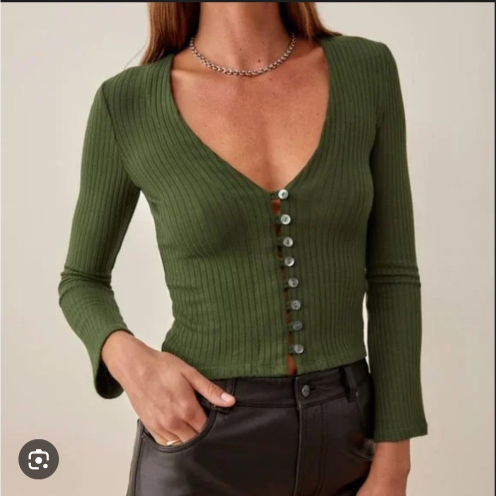 Reformation Gellar Green Ribbed Button-Up Top